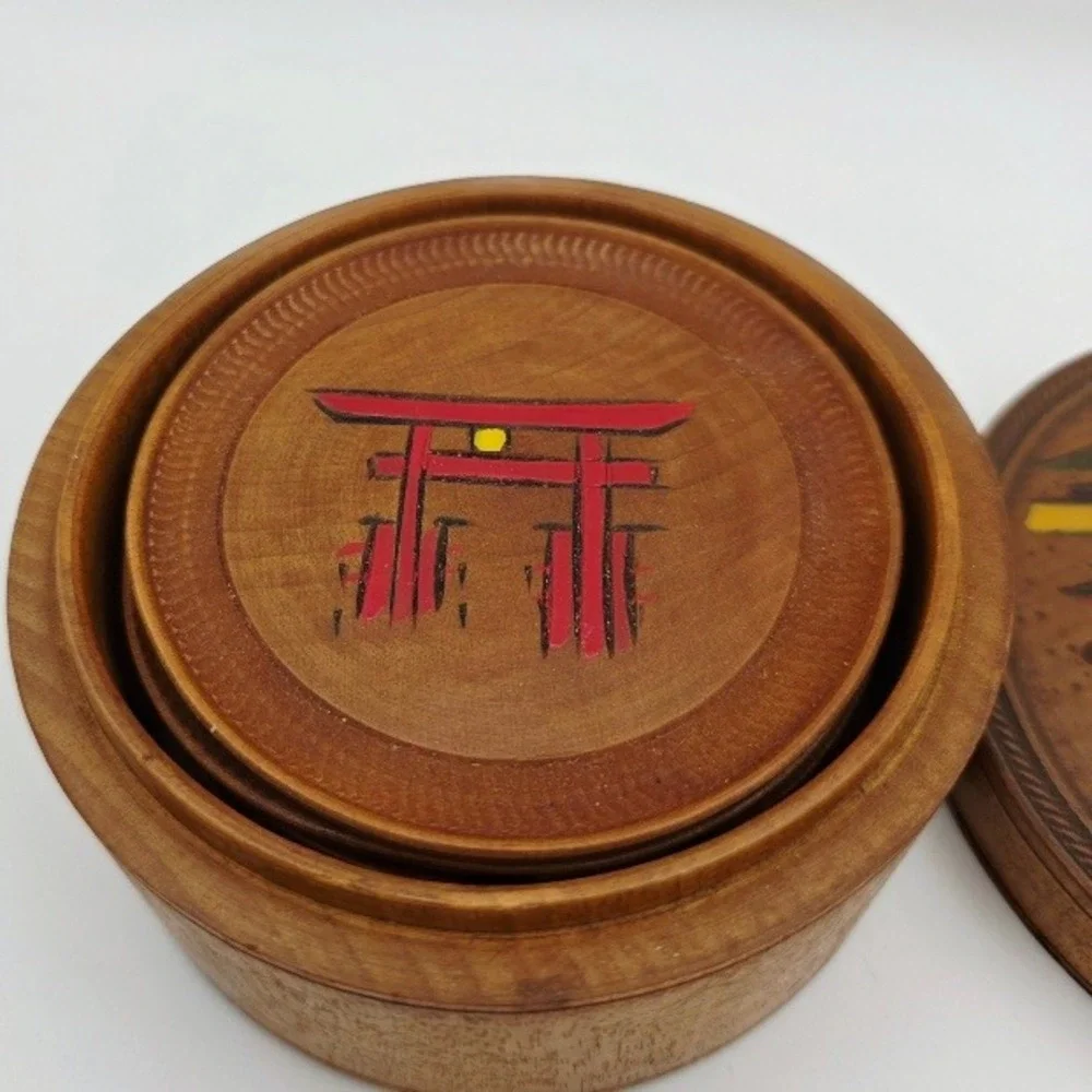 Vintage Japanese Torii Gate Wooden Coaster Set‎ with Storage Box